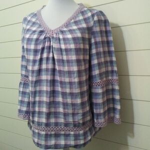 Chicos Cotton Blouse Lavender Plaid Lace Trim Size Med